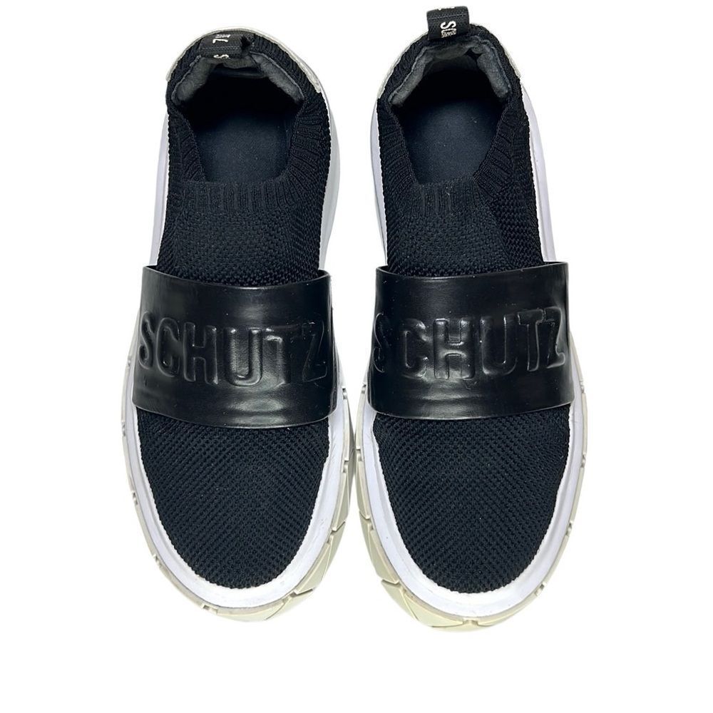 Schutz - Tennis Platform Shoes w/ Logo Strap, Knit, Slip On - Size 7.5, Black - Picture 2 of 16
